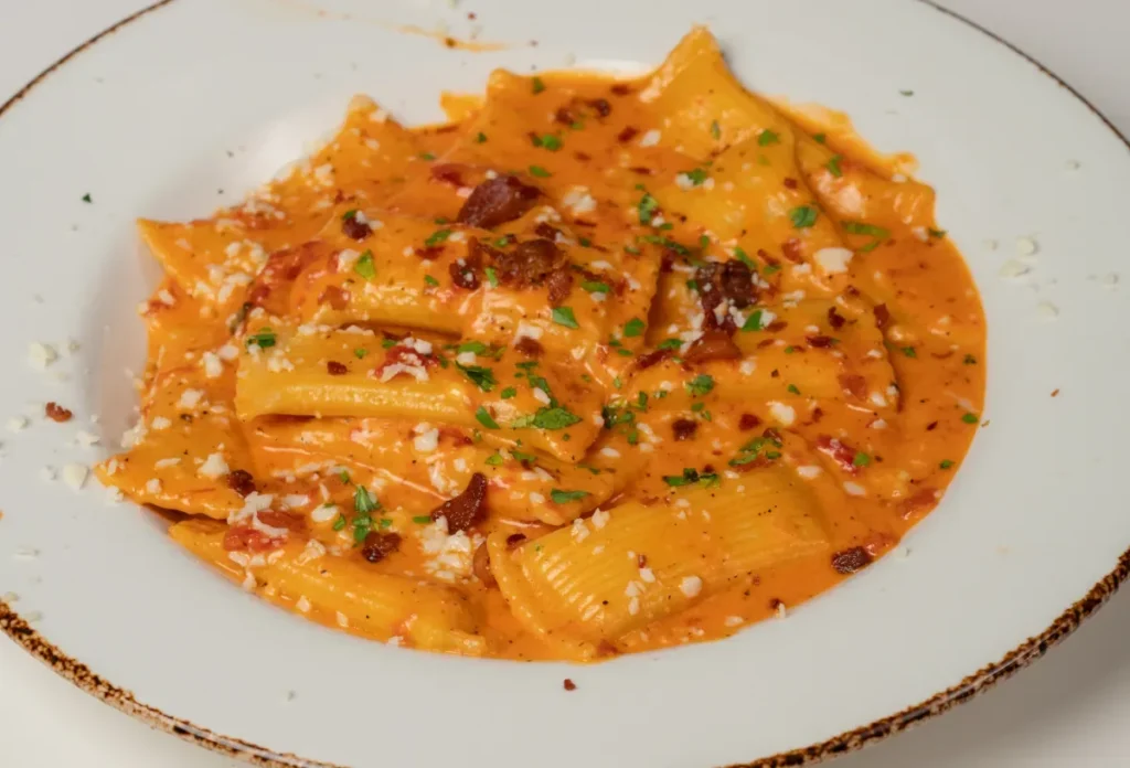 Pasta in a creamy tomato sauce topped with herbs