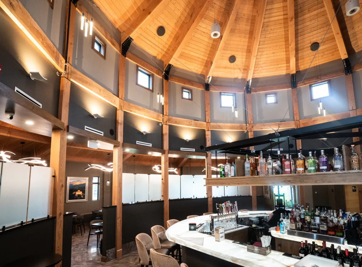 The bar under the domed wood ceiling of the new Joey's