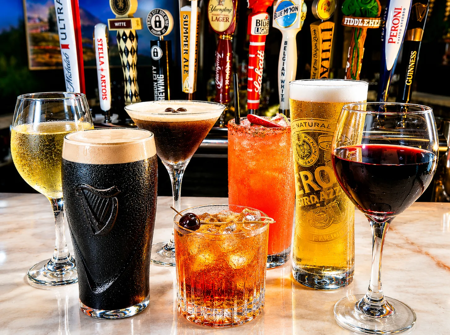 Cocktails, wine, and beer arranged at Joey's bar